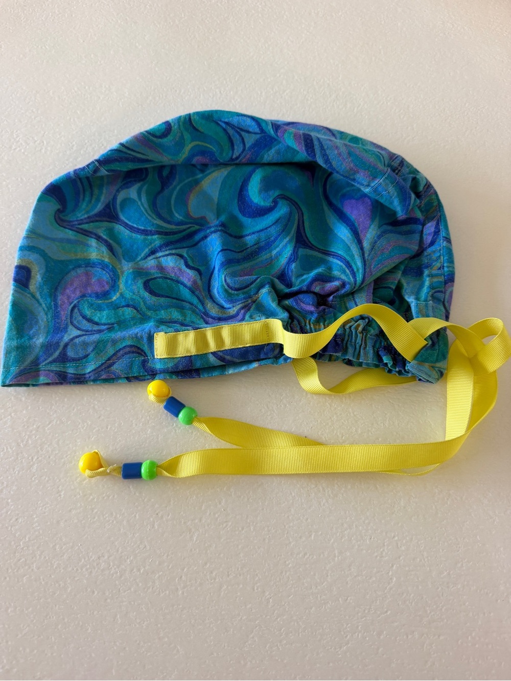 Blue purple Swirl Surgical Scrub Cap with Yellow Ties